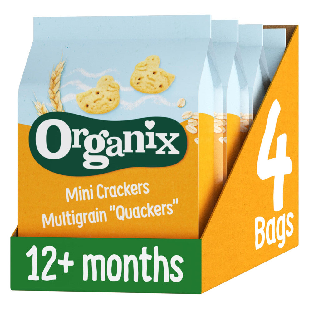 Organix Mini Crackers Multigrain 'Quackers' Sharing Bag Snacks, Made With Wholegrains 80 g (Pack of 4)