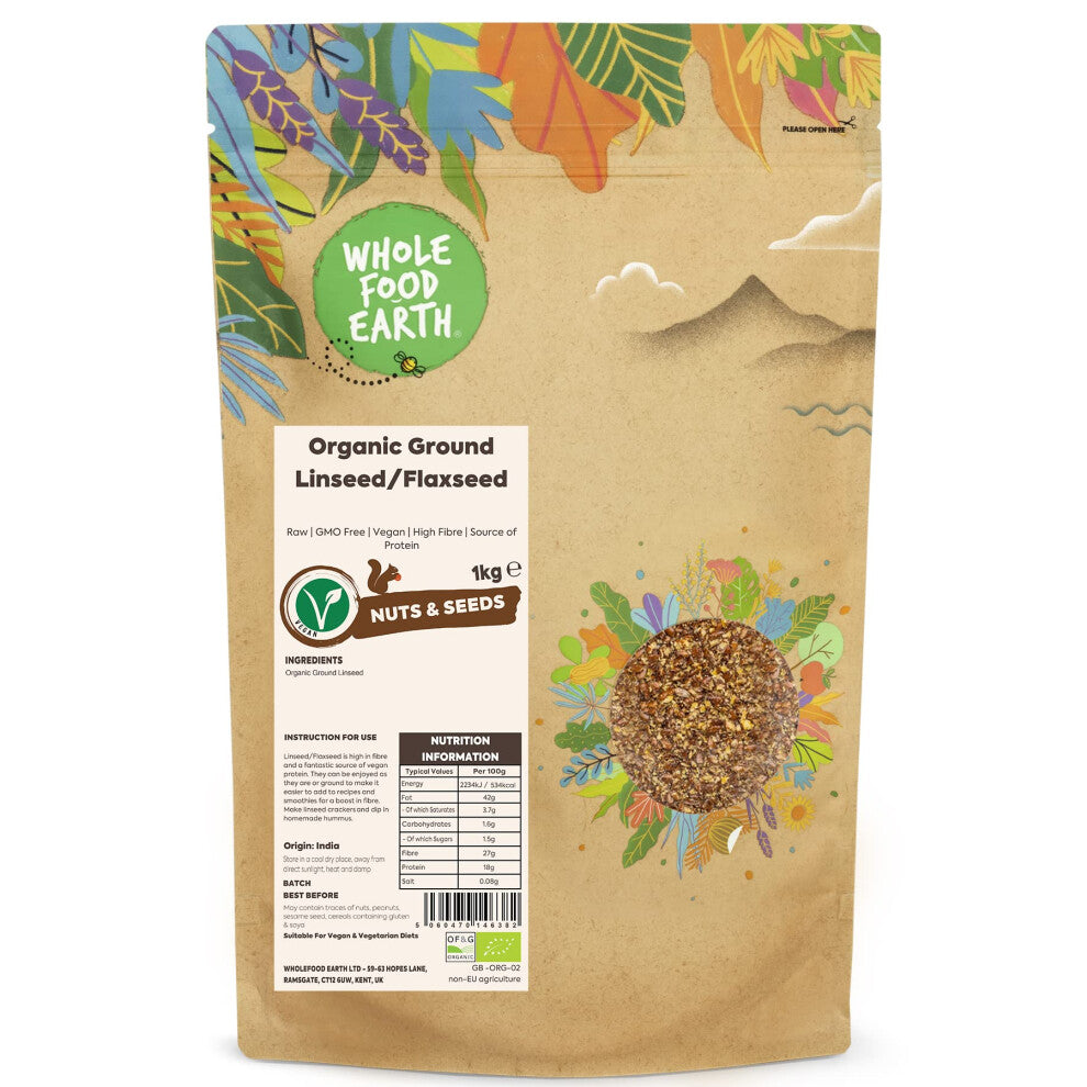 Wholefood Earth Organic Ground Linseed-Flaxseed - 1kg - High Fibre - Source of Protein - Certified Organic