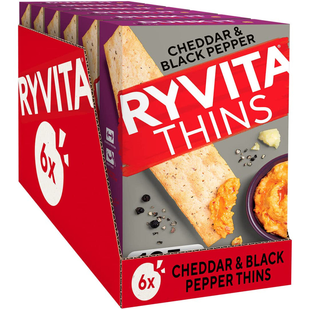 Ryvita Cheddar & Cracked Black Pepper Thins | Dipping, Snacking, Sharing | Fibre | Healthy | 6 PACKS of 125g