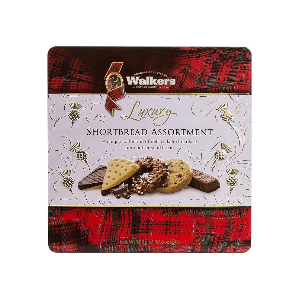 Walker's Shortbread Luxury Milk & Dark Chocolate Assortment Tin, 300 g (Pack of 6) Traditional Pure Butter Scottish Recipe