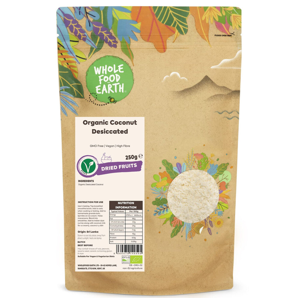 Wholefood Earth Organic Coconut Desiccated – 250g | GMO Free | Vegan | High Fibre | Certified Organic