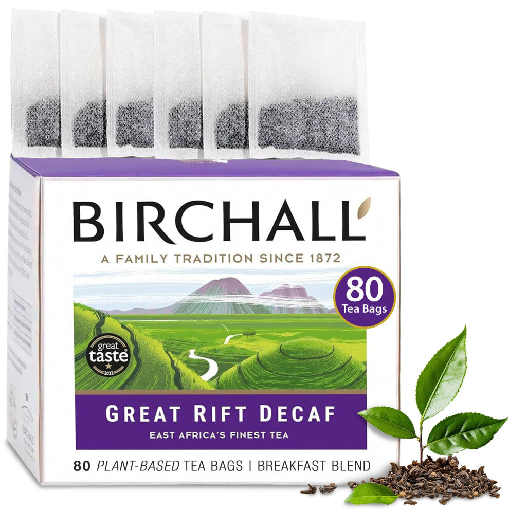 Birchall Great Rift Decaf Blend Tea Bags, English Breakfast Tea Bursting with Full Flavour, Perfect Vegan Gifts, 80 Plant-Based Everyday Tea Bags