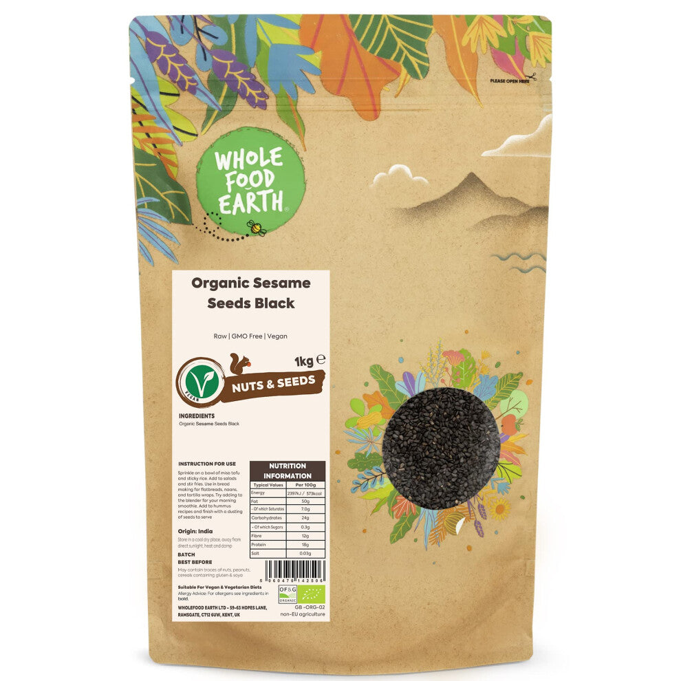 Wholefood Earth Organic Sesame Seeds Black 1kg Raw | GMO Free | Vegan | Certified Organic