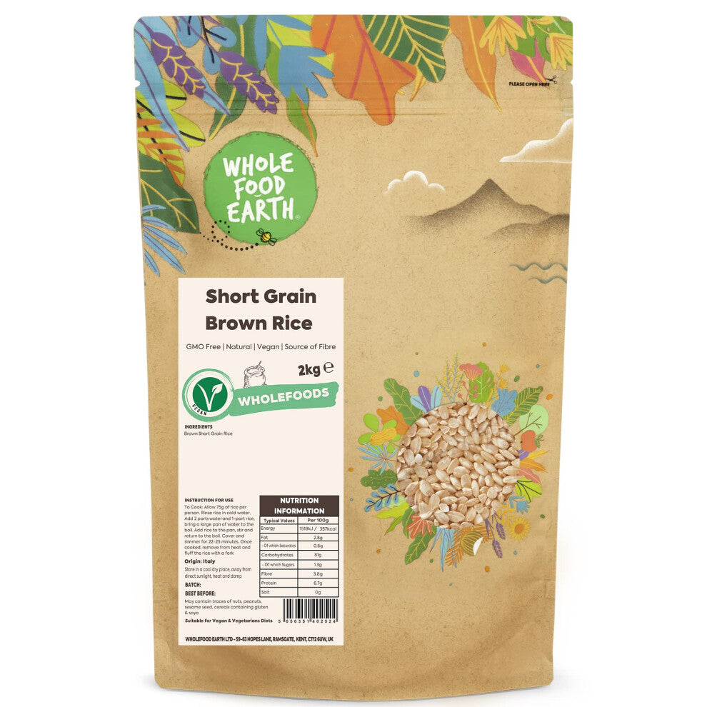 Wholefood Earth Short Grain Brown Rice 2 kg | GMO Free | Natural | Source of Fibre