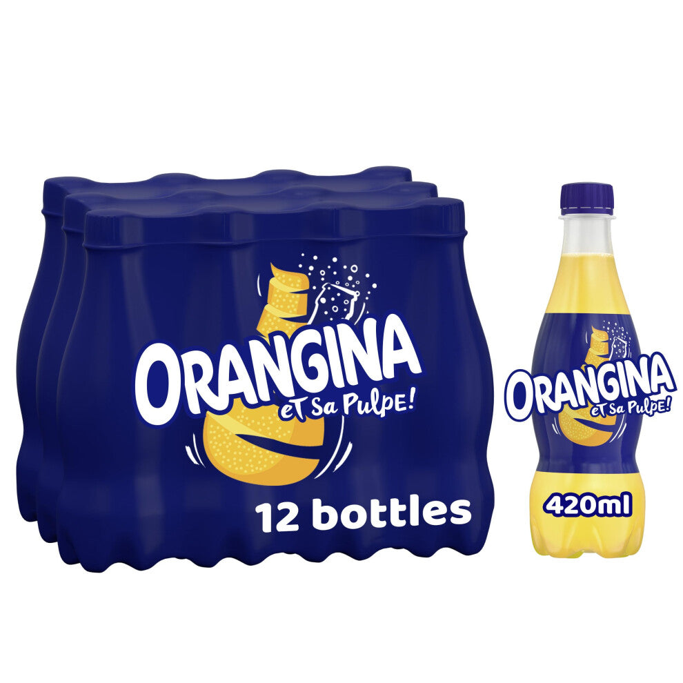 Orangina Sparkling Fruit Drink; Multipack of 12 x 420ml bottles; contains a blend of citrus juices, real orange pulp and orange zest
