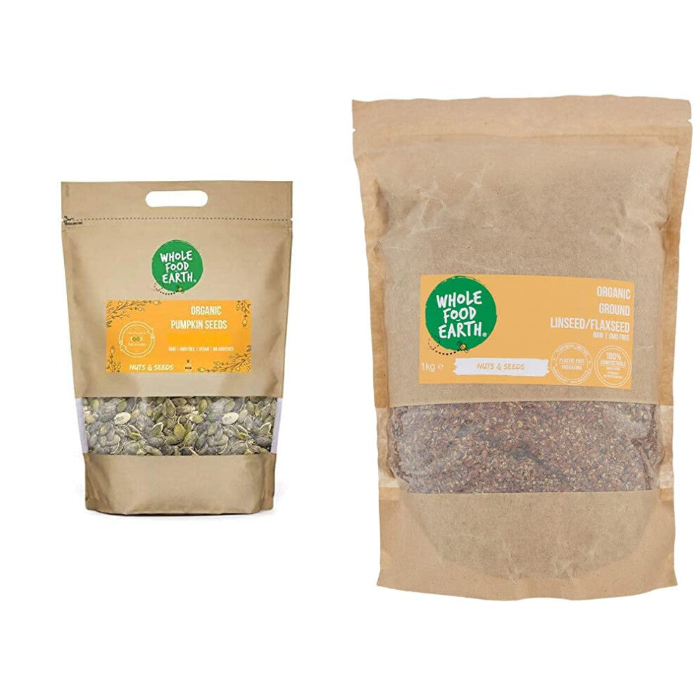 Wholefood Earth Organic Pumpkin Seeds, 1 kg & Organic Ground Linseed, 1 kg