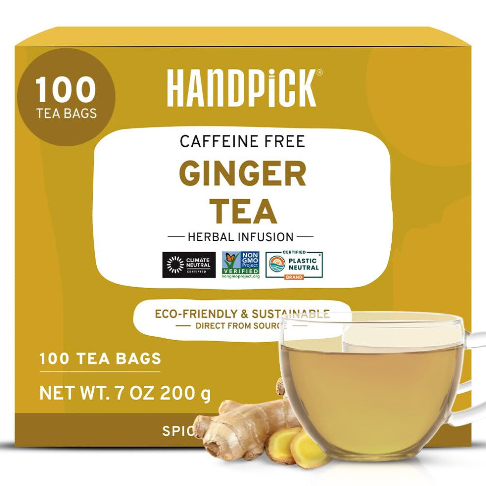HANDPICK, Ginger Tea Bags (100 Count) Non-GMO,Pure Ingredients - Soothing & Spicy Blend | Round Eco-conscious Tea Bags | Herbal Teabags