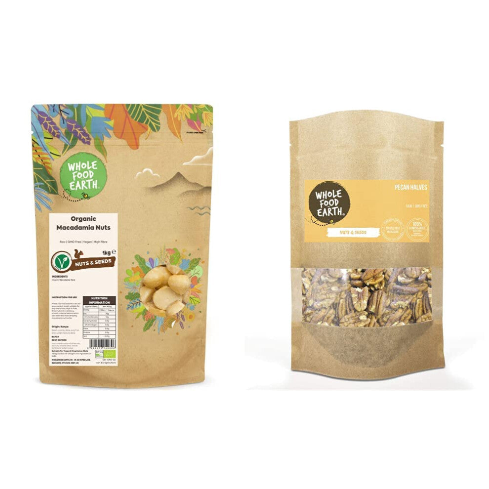 Wholefood Earth Organic Macadamia Nuts 1 kg Raw | GMO Free | Vegan | High Fibre | Certified Organic & Pecan Halves, 1 kg