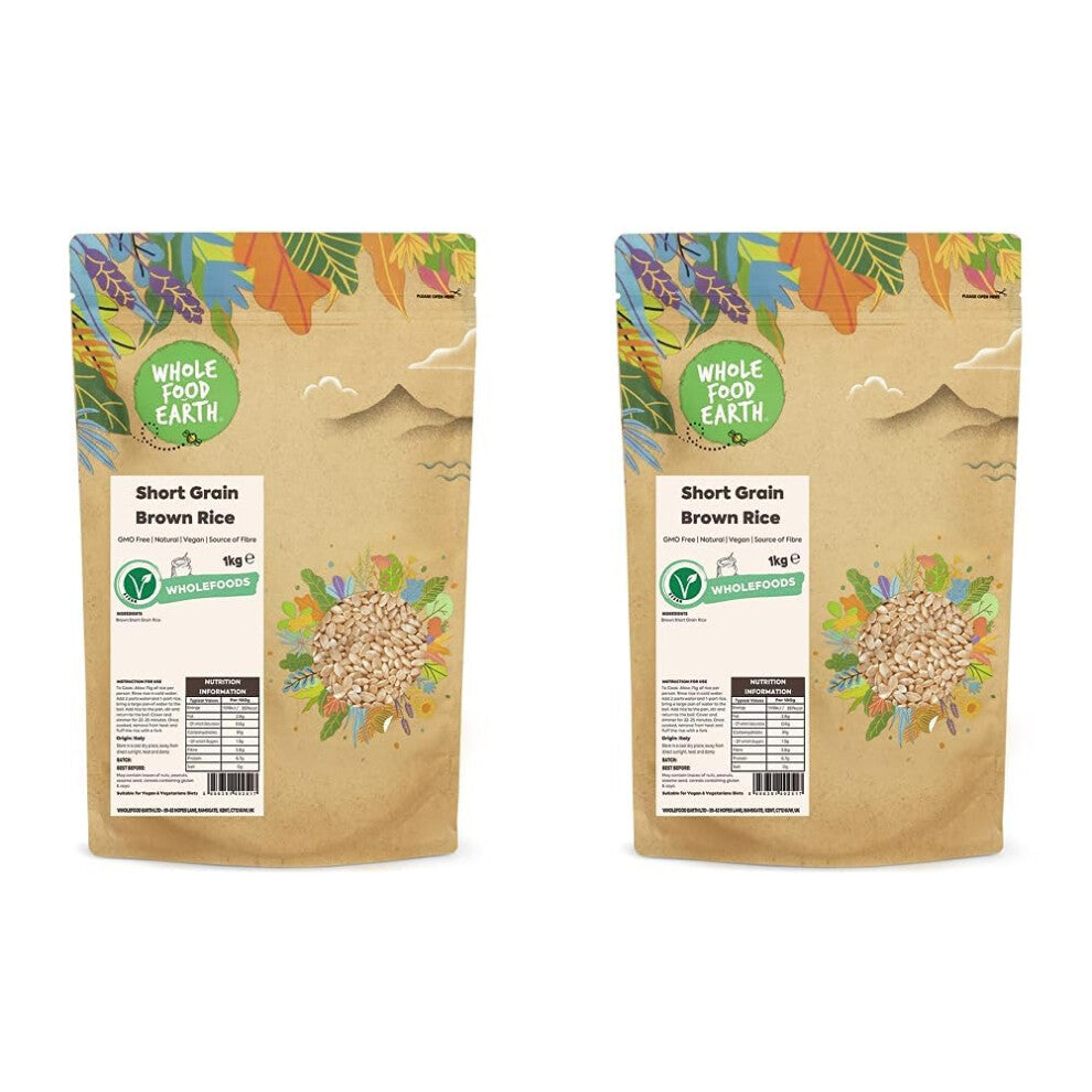 Wholefood Earth - Short Grain Brown Rice 1 kg | GMO Free | Natural | Vegan | Source of Fibre (Pack of 2)