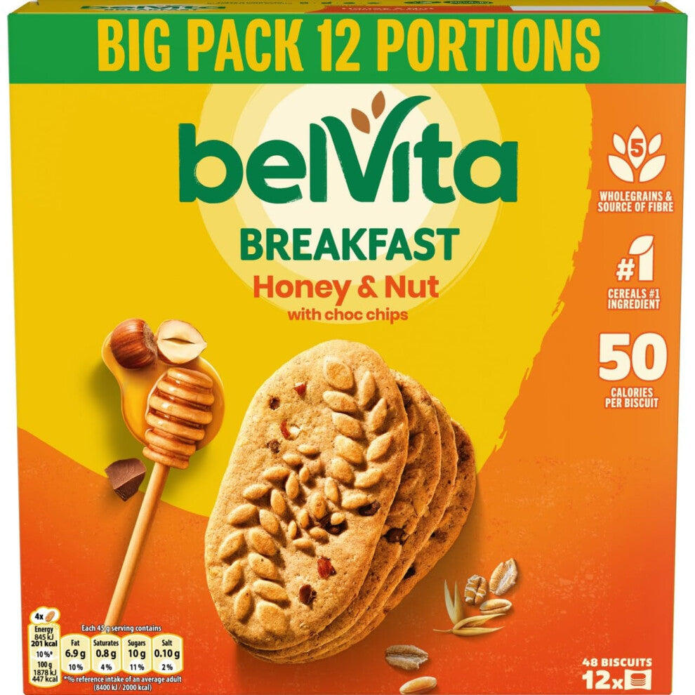 Belvita Breakfast Biscuits Honey & Nuts With Choc Chips, Nutritious Biscuits With Honey & Chocolate Chips, Multipack of 12 x 45 g Biscuit (Pack of 1)