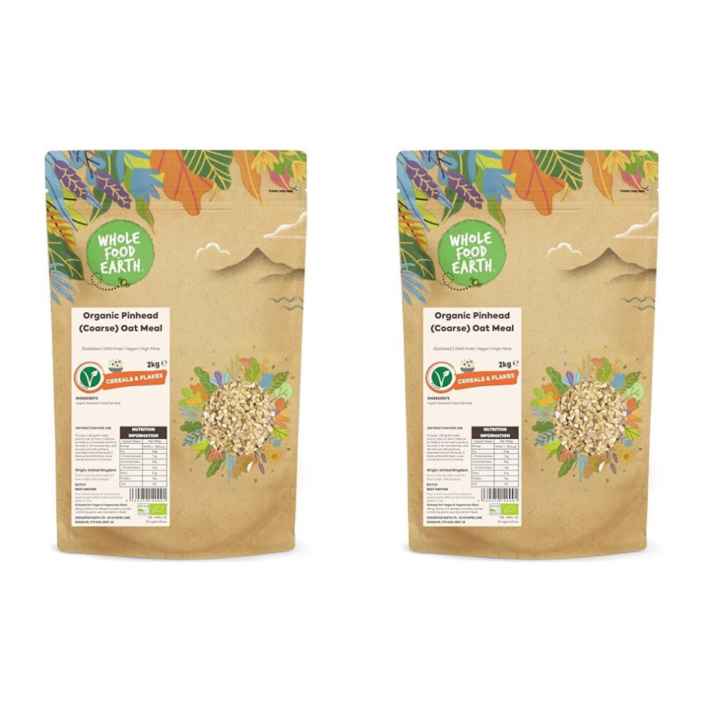Wholefood Earth Organic Pinhead (Coarse) Oat Meal – 2 kg | Stabilised | GMO Free | Vegan | High Fibre | Certified Organic (Pack of 2)