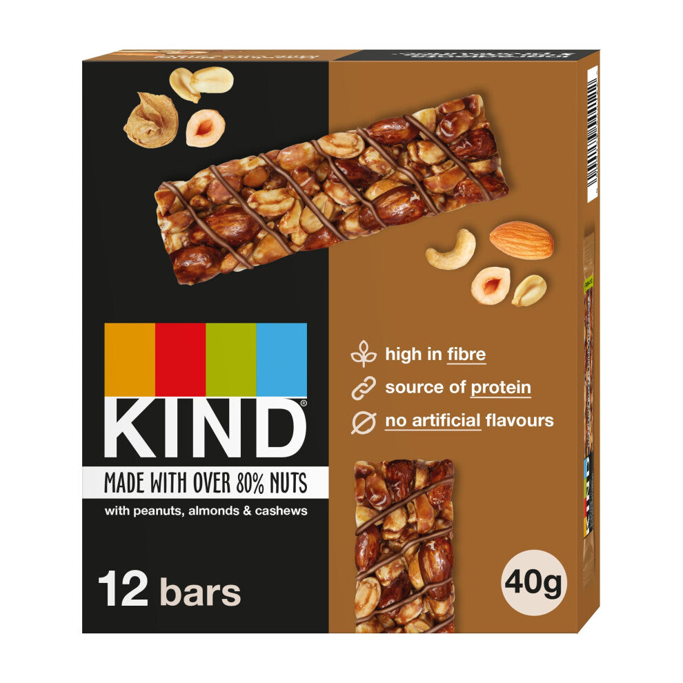 Kind Bars, Hazelnut Butter Milk Chocolate, Healthy Snack, Gluten Free Snack Bars, No Artificial Colours, Flavours or Preservatives, Multipack 12 x 40g