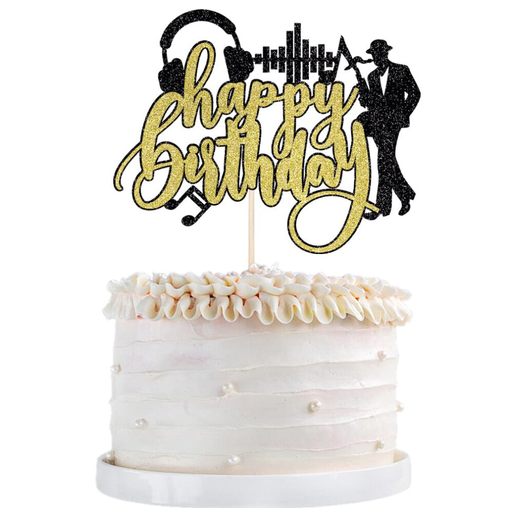 Saxophone Happy Birthday Cake Topper-Black Gold Glitter Saxophone Music headphones Cake Decorations Music Lover Theme Birthday Party Supplies