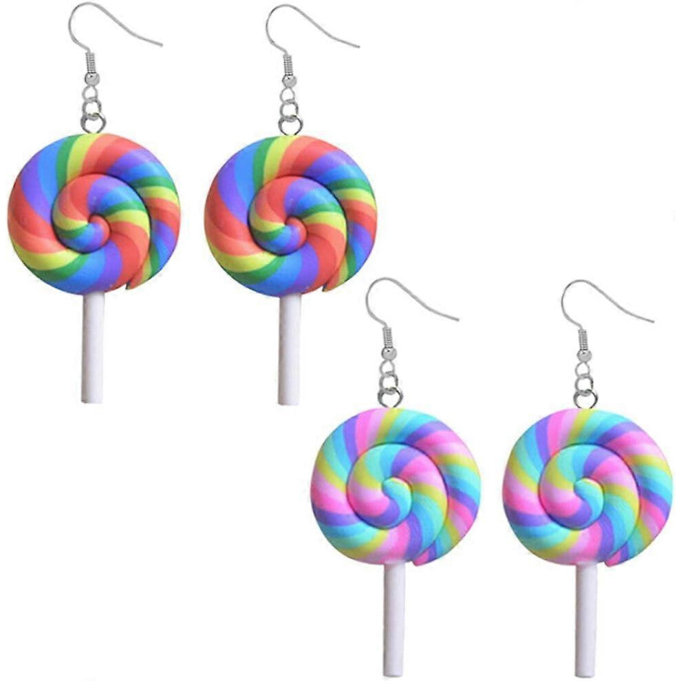(As show, One size) Heyone 2 Pairs Creative Unique Simulation Food Colorful Rainbow Lollipop Dangle Earrings Handmade Kawaii Candy Ice Cream Earrings