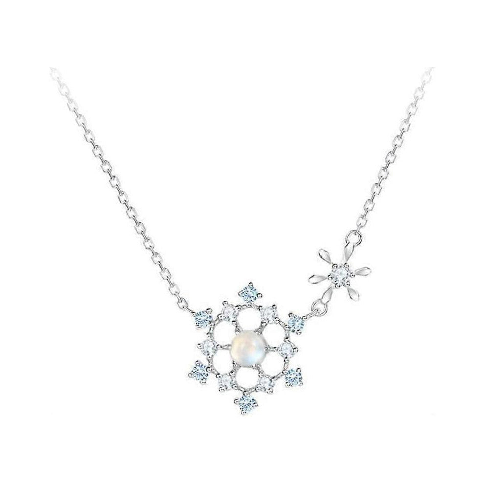 (As show, One size) Japan and South Korea S925 Sterling Silver Necklace Women&#39;s Design Snowflake Collarbone Chain All-Match Moonstone Necklace Sil