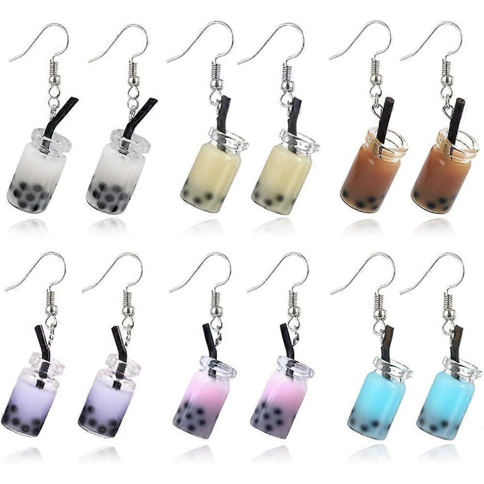 (855, One size) Heyone 6 Pairs Creative Unique Bubble Boba Tea Dangle Earrings Persolity Milk Tea Drink Earring Colorful Glass Bottle Funny Earrings f