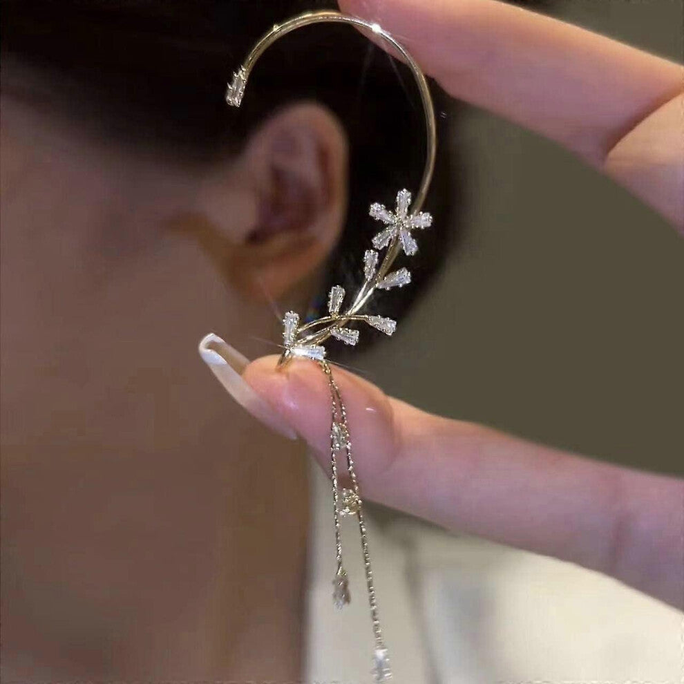 (Silver wing, One size) Elegant Rhinestone Butterfly Flower Tassel Ear Cuffs Fairy Wheat Wing Ear Wrap Non-pierced Wedding Bridal Clip on Earrings Cos