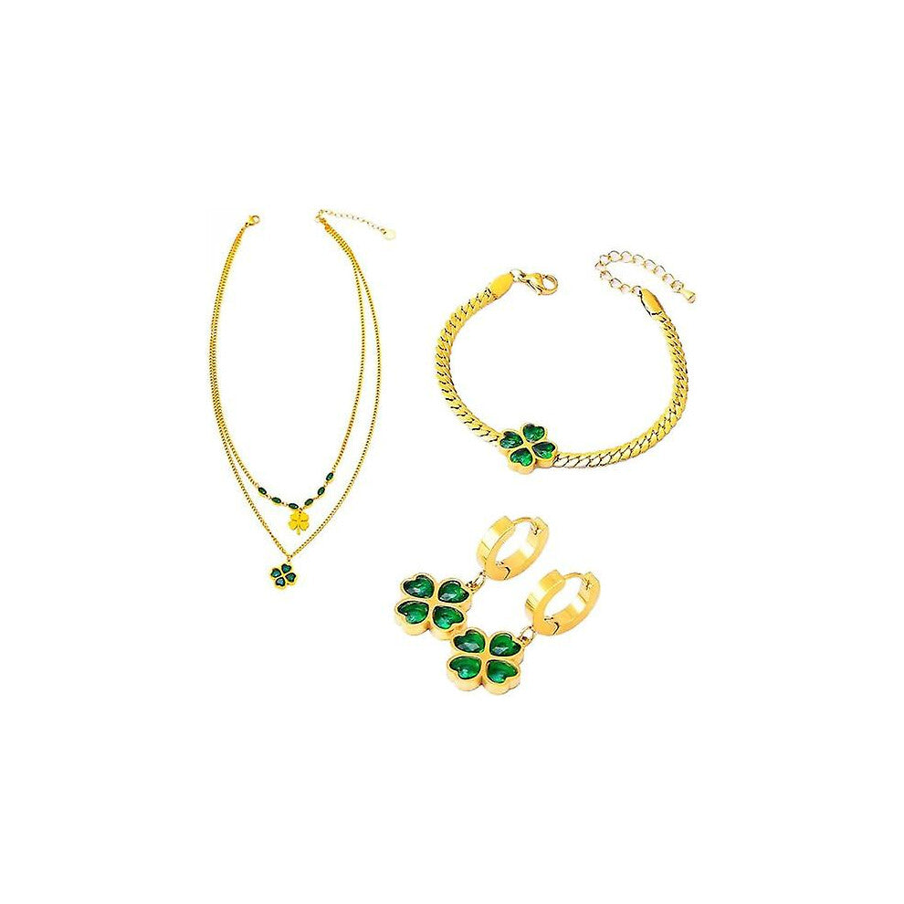 (As show, One size) Emerald zircon pendant double layered collarbone choker necklace Lucky four-leaf clover love earrings bracelet jewelry set for wom