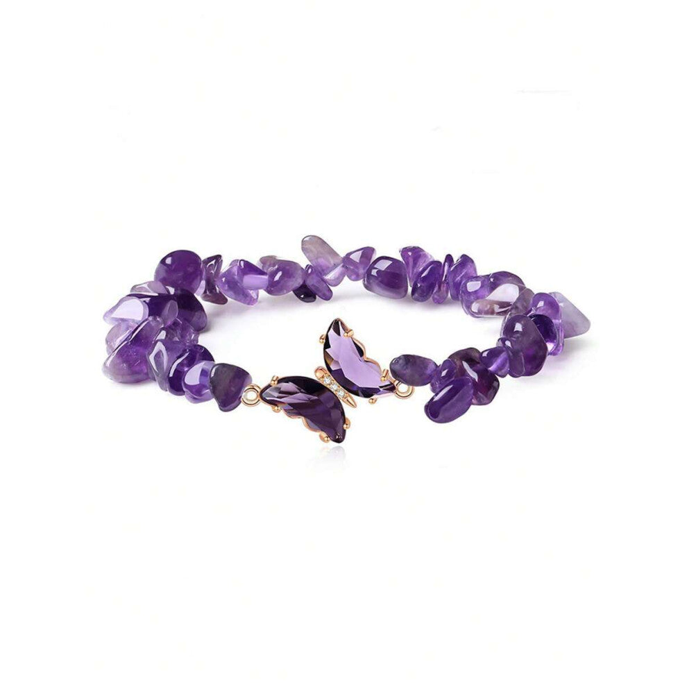 (L1765-Purple) Natural Stone Crystal Chips Women's Bracelet Butterfly Bead Bracelet with High-end Irregular Design