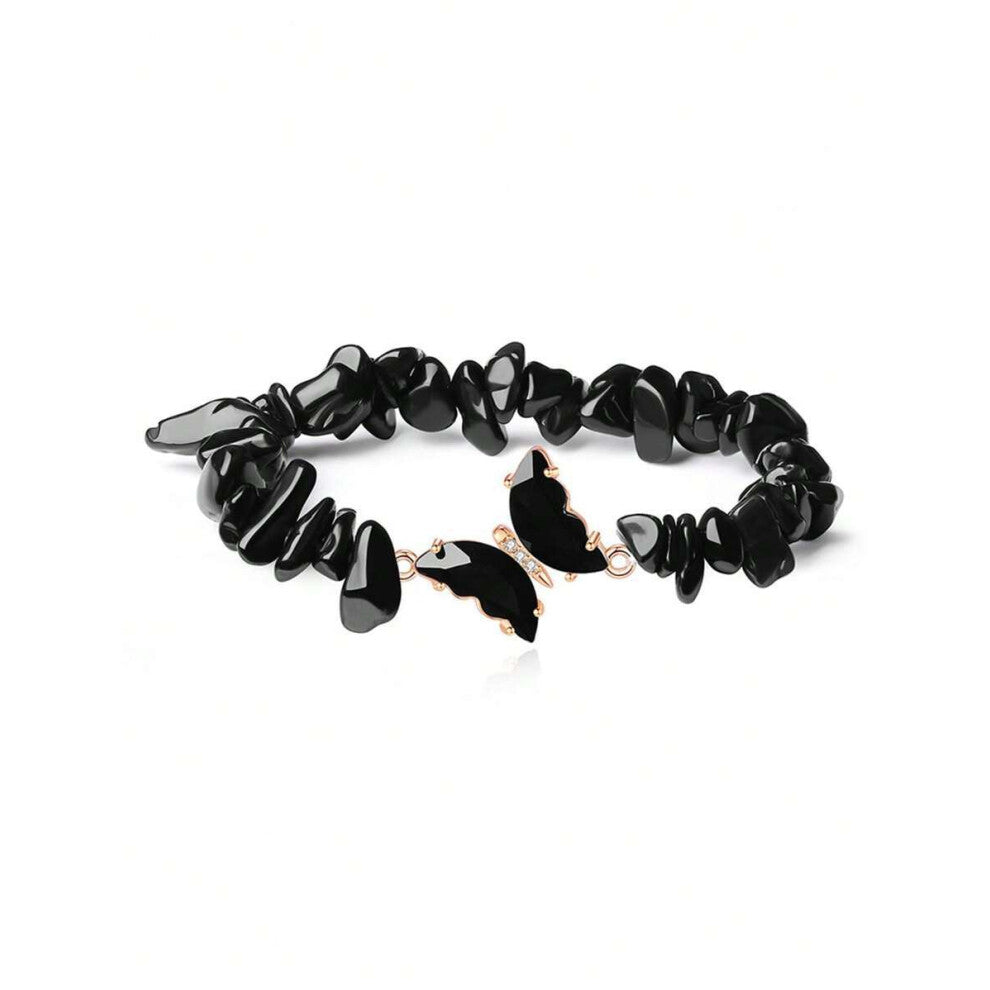 (L1765-Black) Natural Stone Crystal Chips Women's Bracelet Butterfly Bead Bracelet with High-end Irregular Design