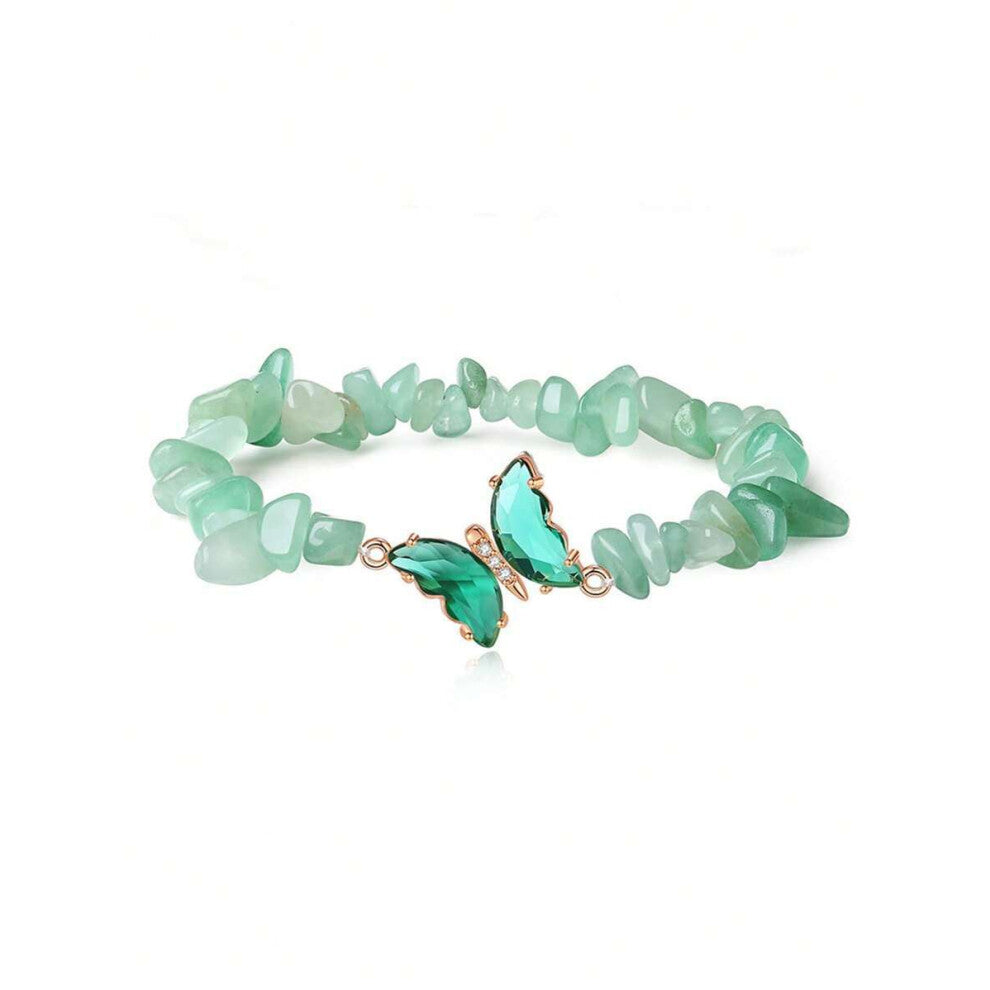 (L1765-Green) Natural Stone Crystal Chips Women's Bracelet Butterfly Bead Bracelet with High-end Irregular Design