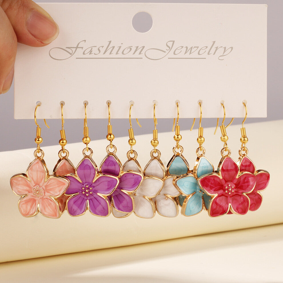 (L1476 (5 pairs)) 5 Pairs欧美 Style Earrings for Women, Dripping Oil 5-Petal Flower Earrings, Small Daisy Earrings for Vacation, Multiple Pairs on One C