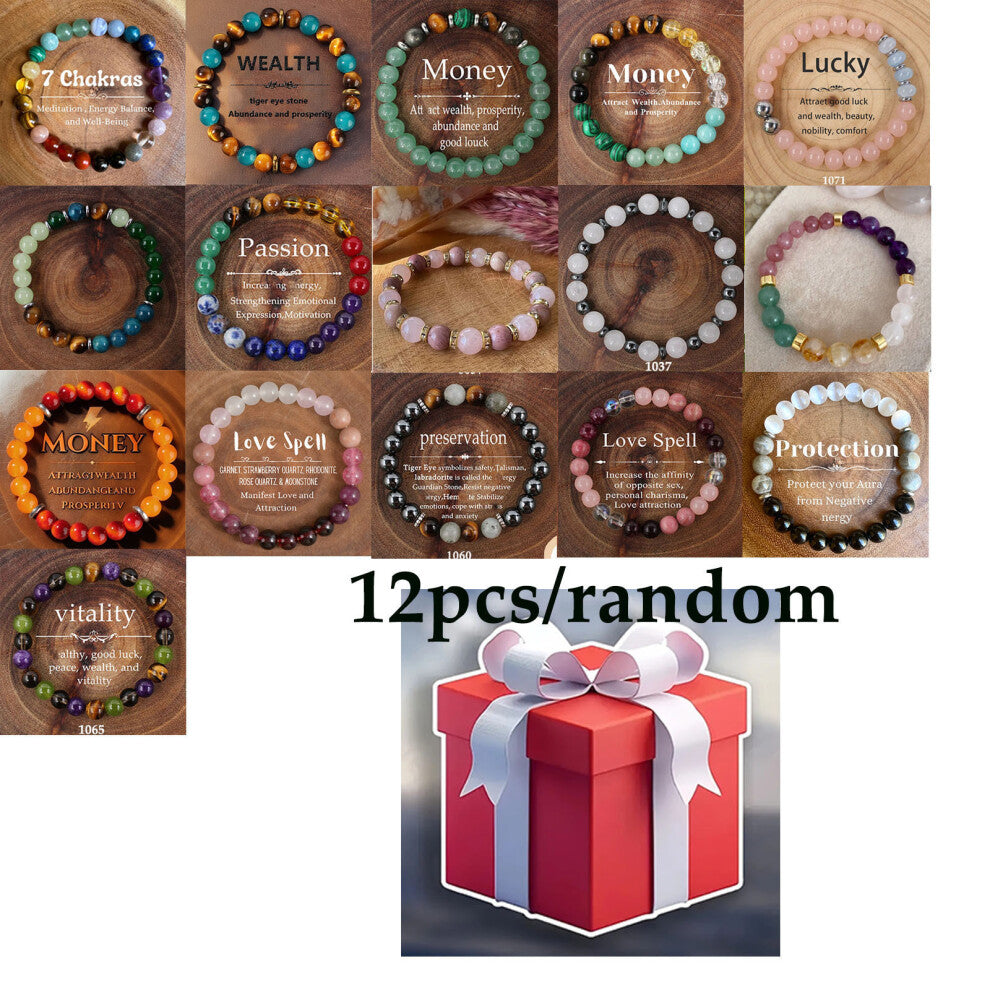 (Random 12 pieces from blind box picture) Random 12-Piece Bead Bracelet Set with Natural Stones - Handmade DIY Bracelet for引流