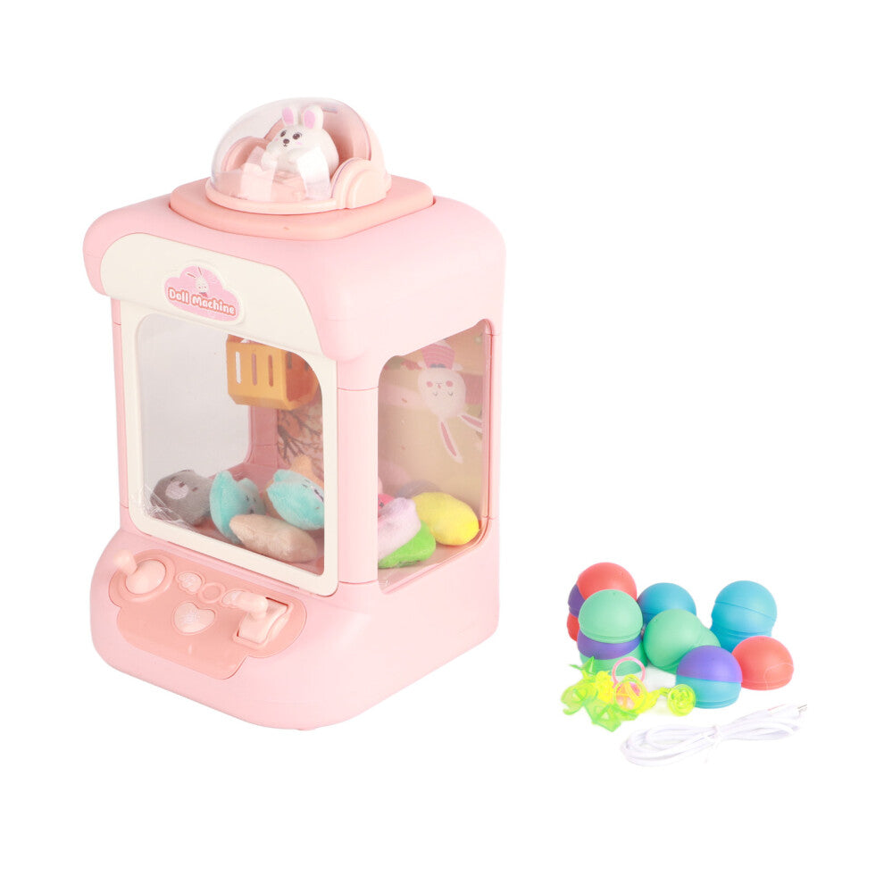 Kids Mini Claw Machine Double Lever Electronic Dolls Grabbing Machine with Plush Toys and Balls Pink Rabbit