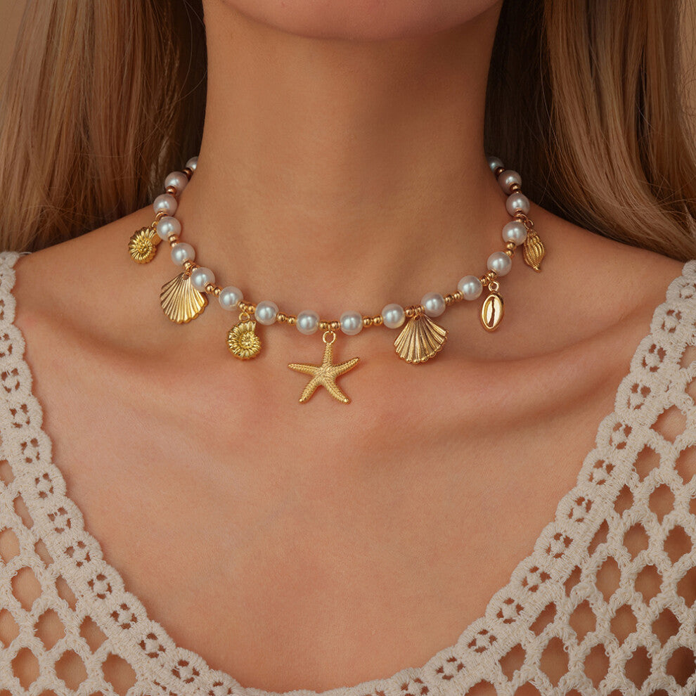 (L1575-Starfish) Luxury Fashion Seaside Holiday Women's Necklace, Collarbone Chain with Imitation Pearl, Starfish, and Sea Turtle Pendant
