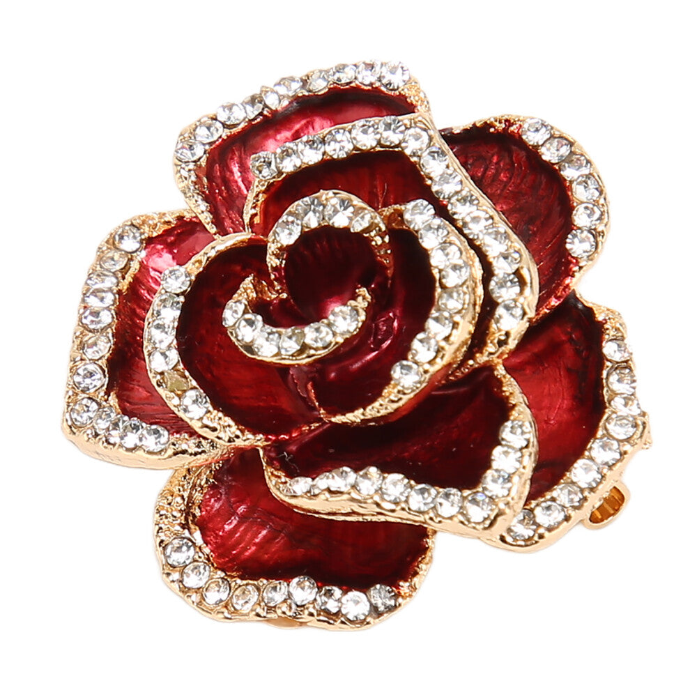 Women Flower Shaped Brooch Burgundy Wedding Party Exquisite Retro Alloy Rhinestone Petal Brooch Pin
