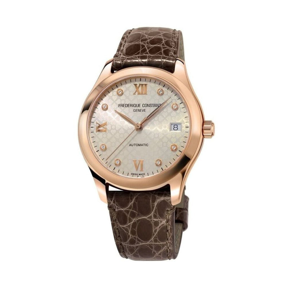 Frederique Constant Ladies Automatic Fc-303lgd3b4 – Rose Gold-plated Case, Diamond Markers, Brown Leather Strap