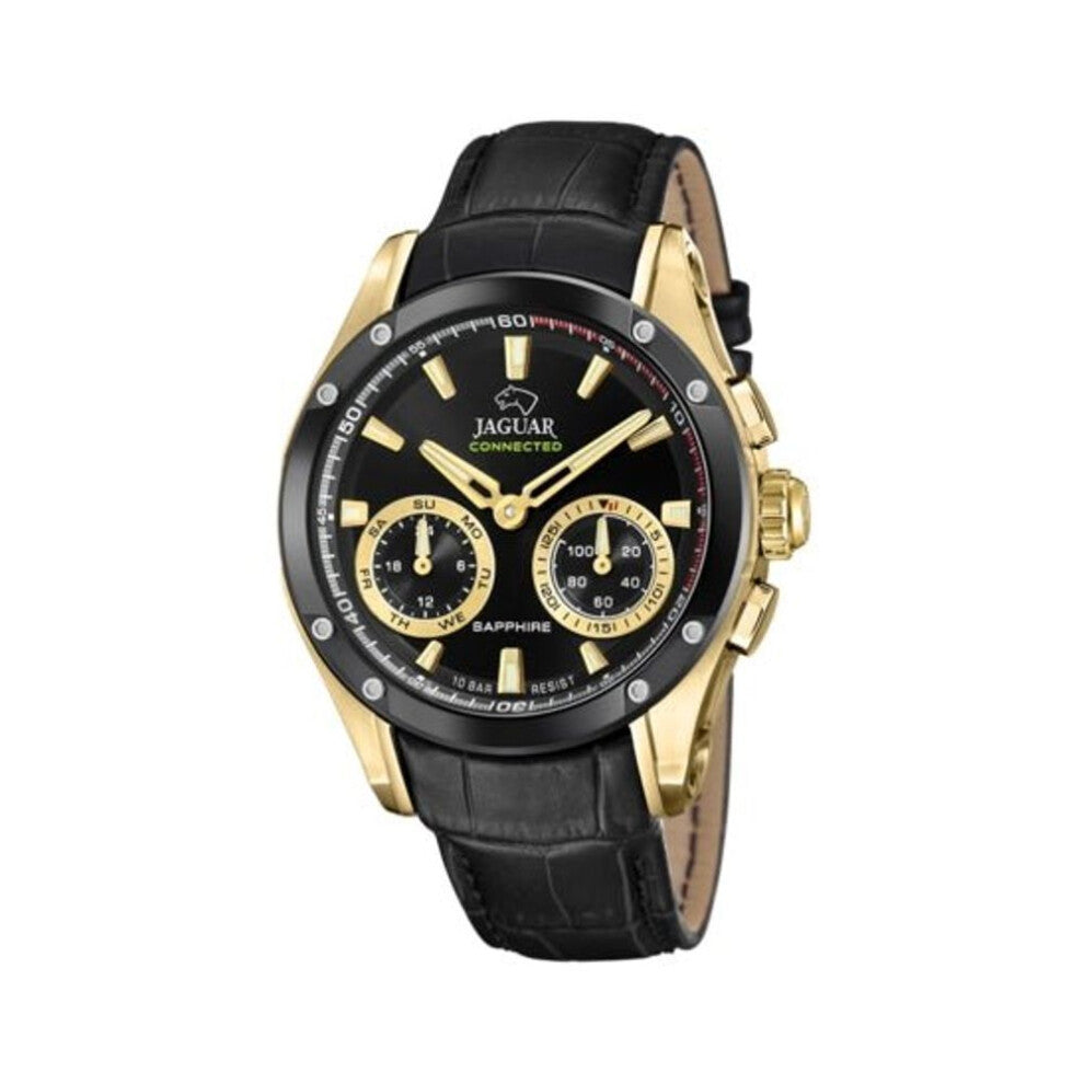 Jaguar Connected J962-2 Men's Hybrid Smartwatch – Gold-tone Stainless Steel, Black Leather Strap