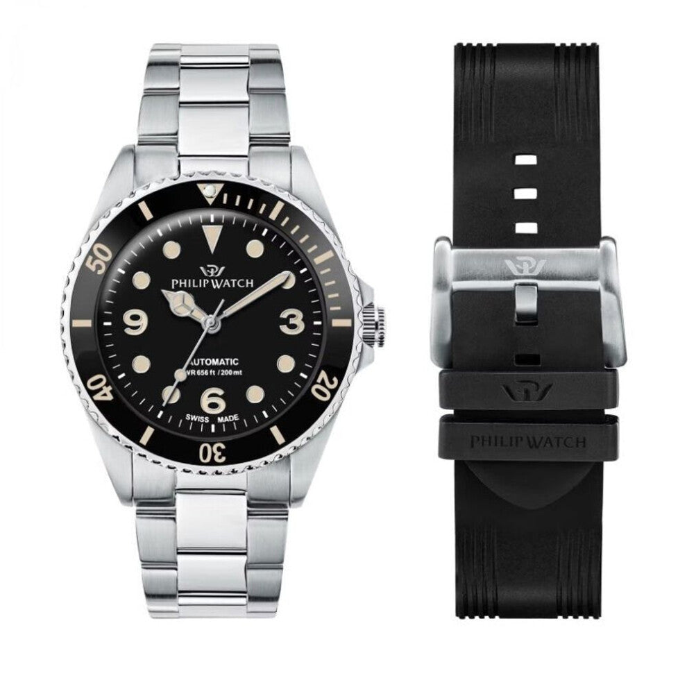 Philip Watch Caribe Diving R8223216008 Men's Automatic Watch - 42mm Stainless Steel Case, Black Dial