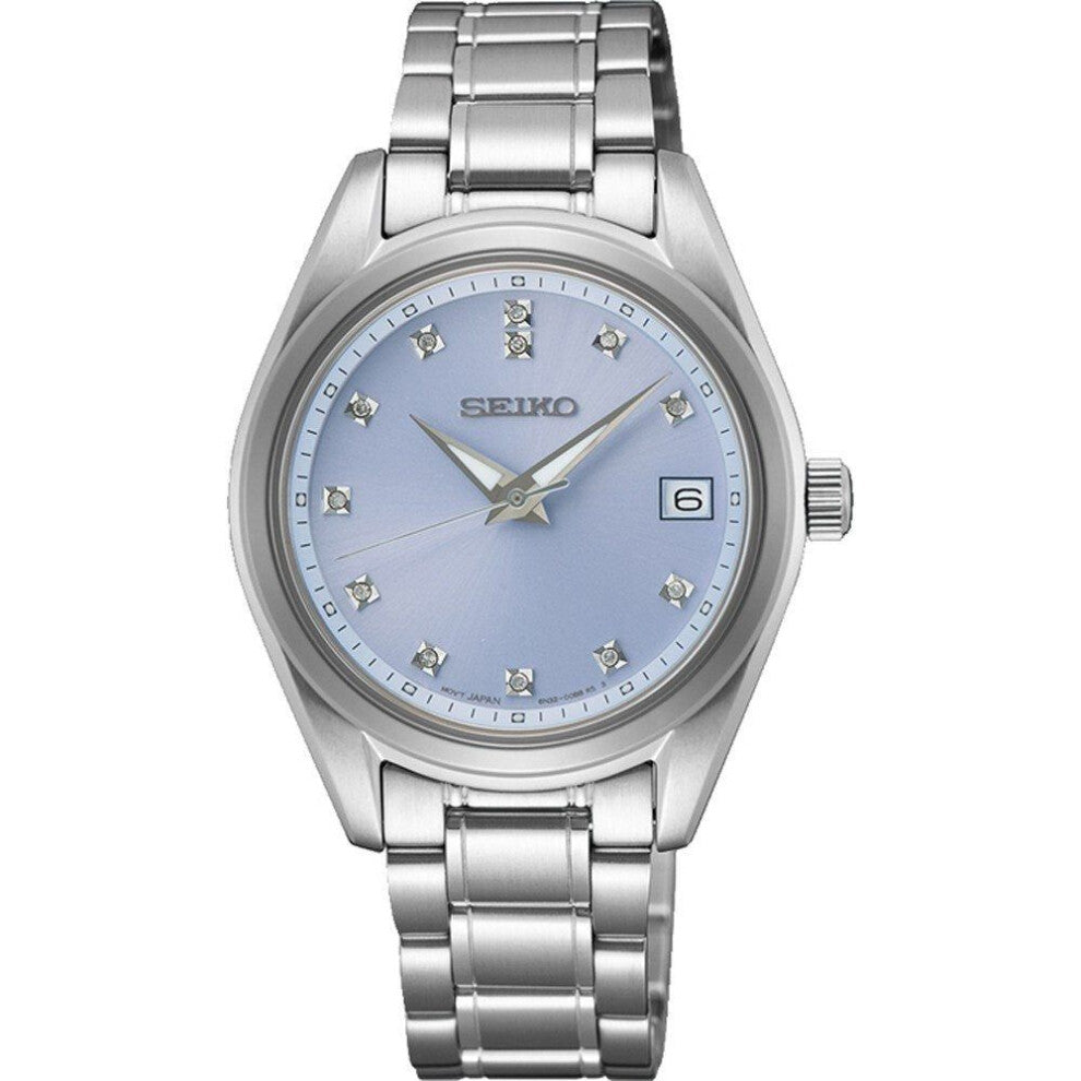Seiko Women's Quartz Watch Sur581p1 - 32mm Stainless Steel Case, Light Blue Dial With Diamond Hour Markers, Sapphire Crystal