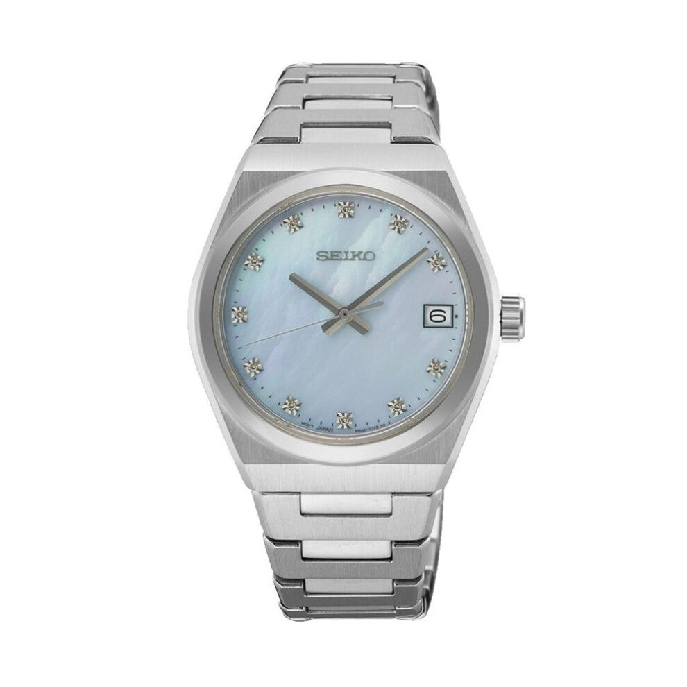 Seiko Sur603p1 Women's Watch – 34mm Stainless Steel, Blue Mother-of-pearl Dial, Diamond Markers