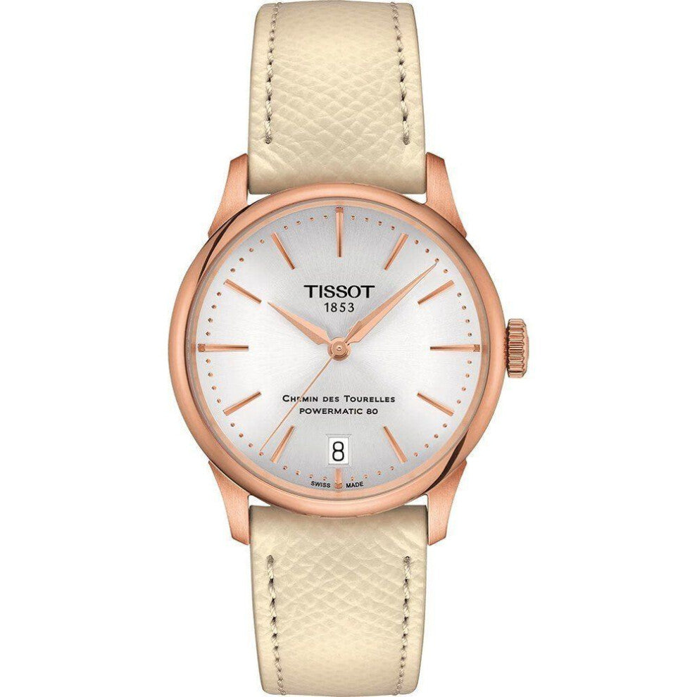 Tissot Chemin Des Tourelles Powermatic 80 Women's Watch T1392073603100 - 34mm Rose Gold Pvd Case, Silver Dial, Cream Leather Strap