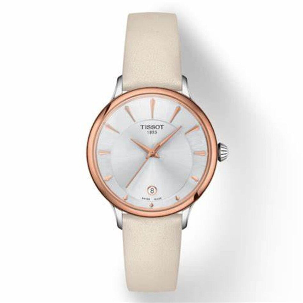 Tissot Odaci-t Women's Watch - Silver Dial, Rose Gold Pvd Bezel, Cream Leather Strap