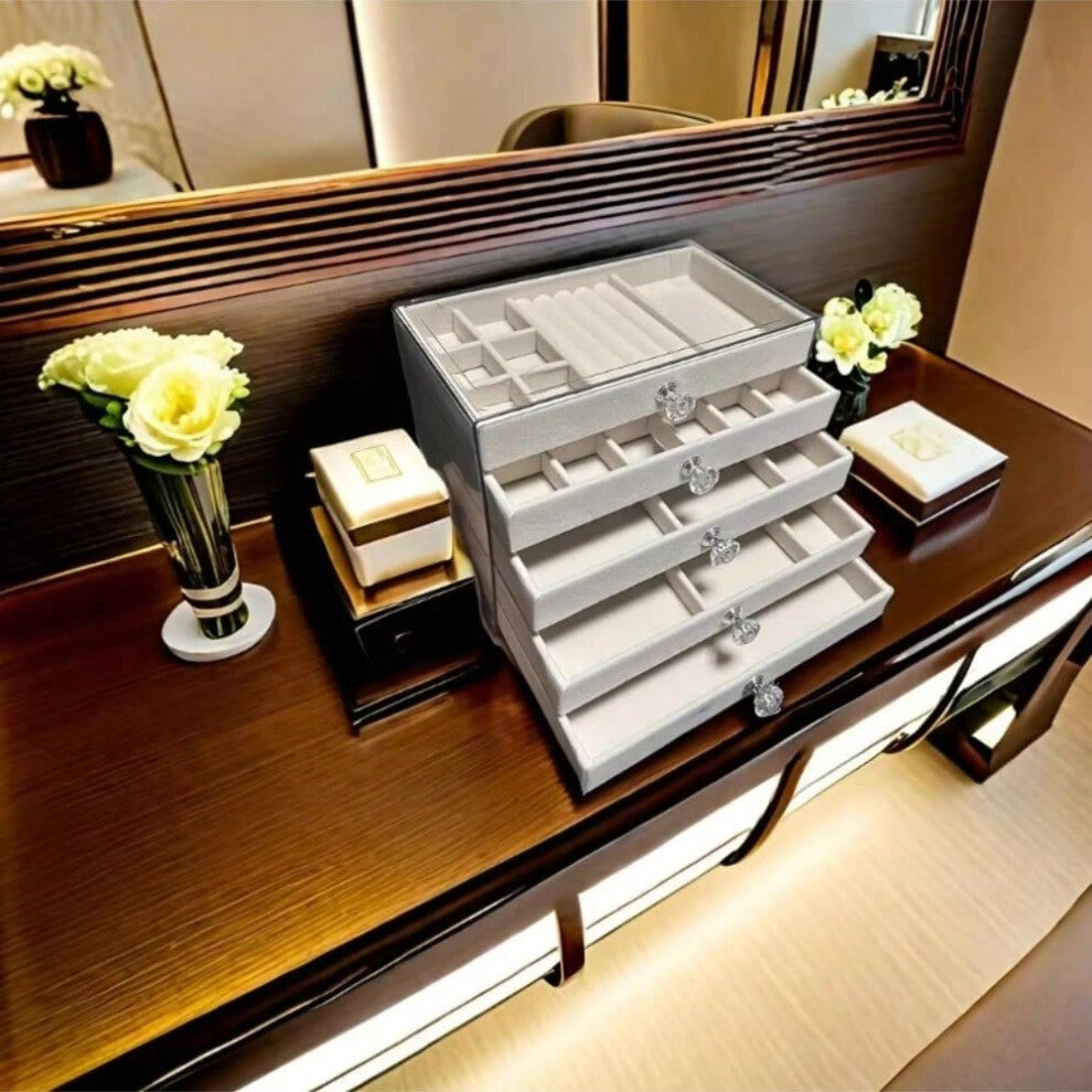 (5grey) 3-7 Layers of Velvet Jewellery Organiser Drawer Velvet Jewelry Box Earrings Bracelet Organizer Display Box, Jewelry Boxes