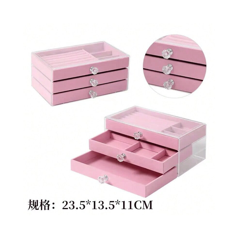 (3pink) 3-7 Layers of Velvet Jewellery Organiser Drawer Velvet Jewelry Box Earrings Bracelet Organizer Display Box, Jewelry Boxes