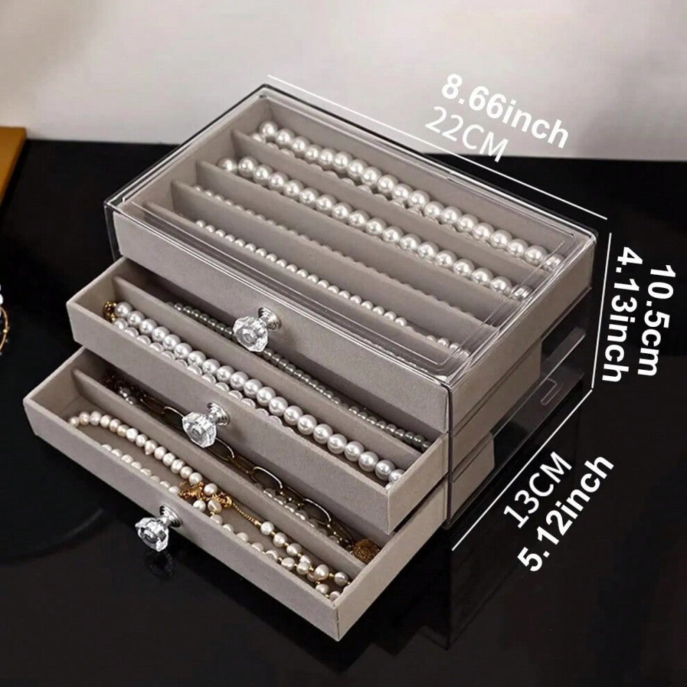 (Necklace box-gray) 1pc,Necklace storage box with transparent lid, 3-layer jewelry tray drawer, jewelry display box, desktop jewelry box