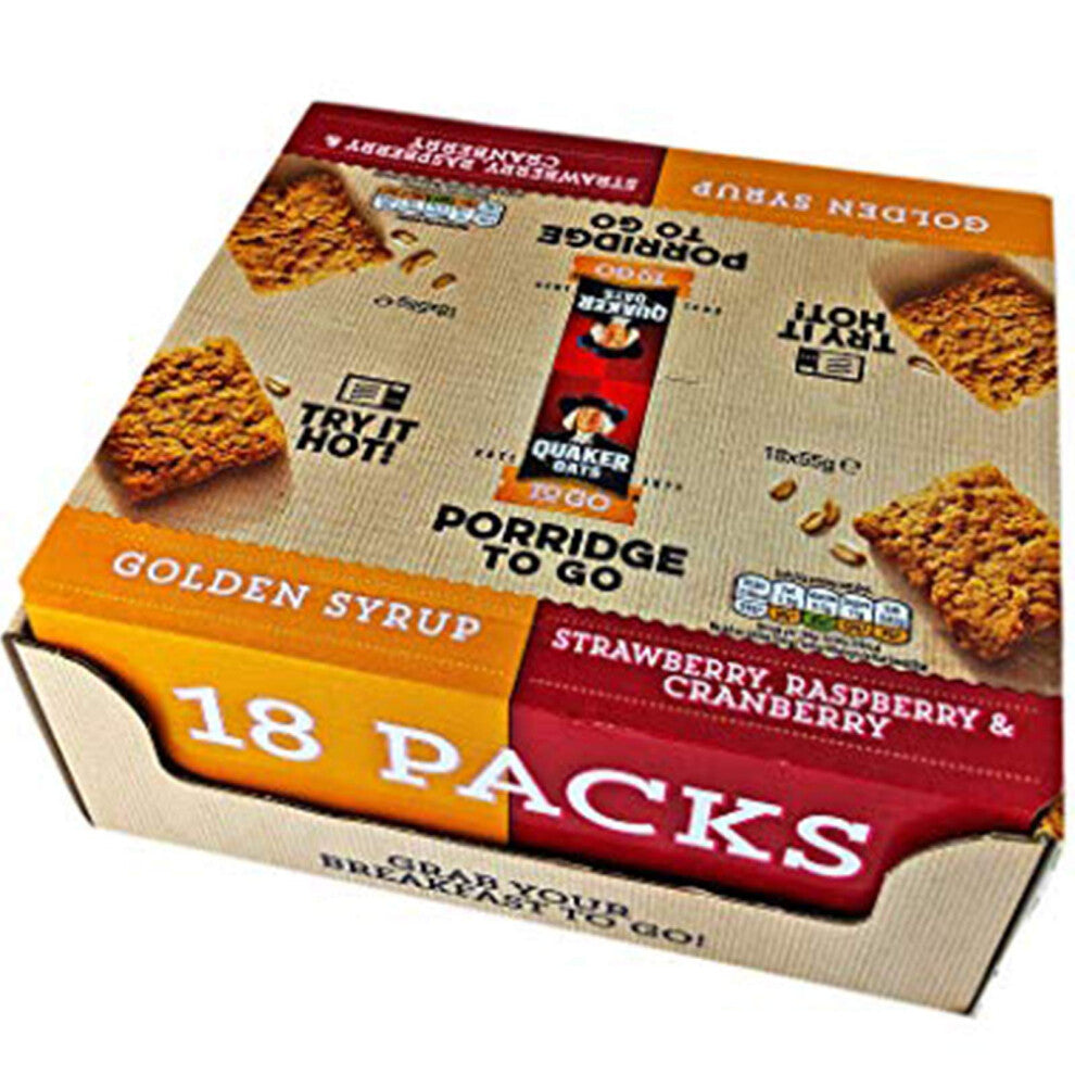 4X Packs Quaker Porridge to Go -Breakfast Squares Wholegrain Oat Cereal Bars 72 x 55g ( 36x Golden Syrup + 36 x Strawberry, Raspberry & Cranberry)