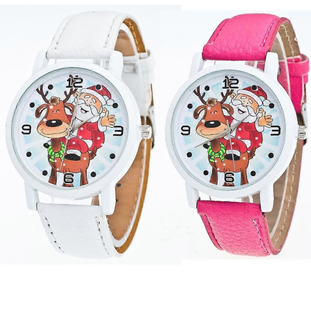 (As show, One size) 2 Packs Christmas Gifts New Christmas Elderly Pattern Leather Band Analog Quartz Vogue Watches