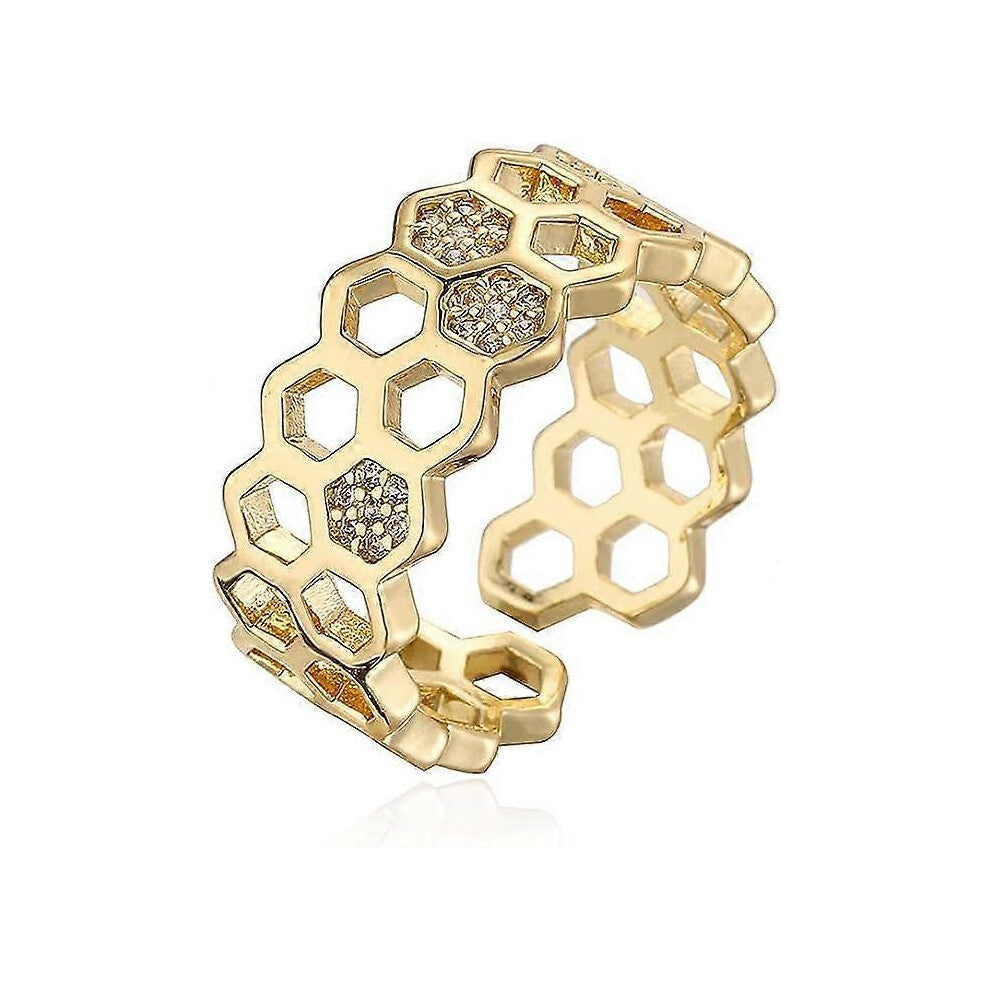 (As show, One size) Cubic Zirconia Bee Honeycomb Ring Gold Plated Open Engagement Statement Wedding Stacking Finger Ring Adjustable Fashion Diamond