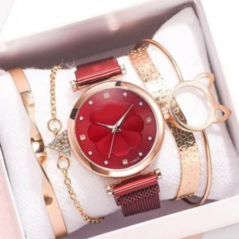 5pcs Bangle Watch Set Quartz Alloy Elegent High Glossy Daily Accessories Jewelry Set with Storage Box Red
