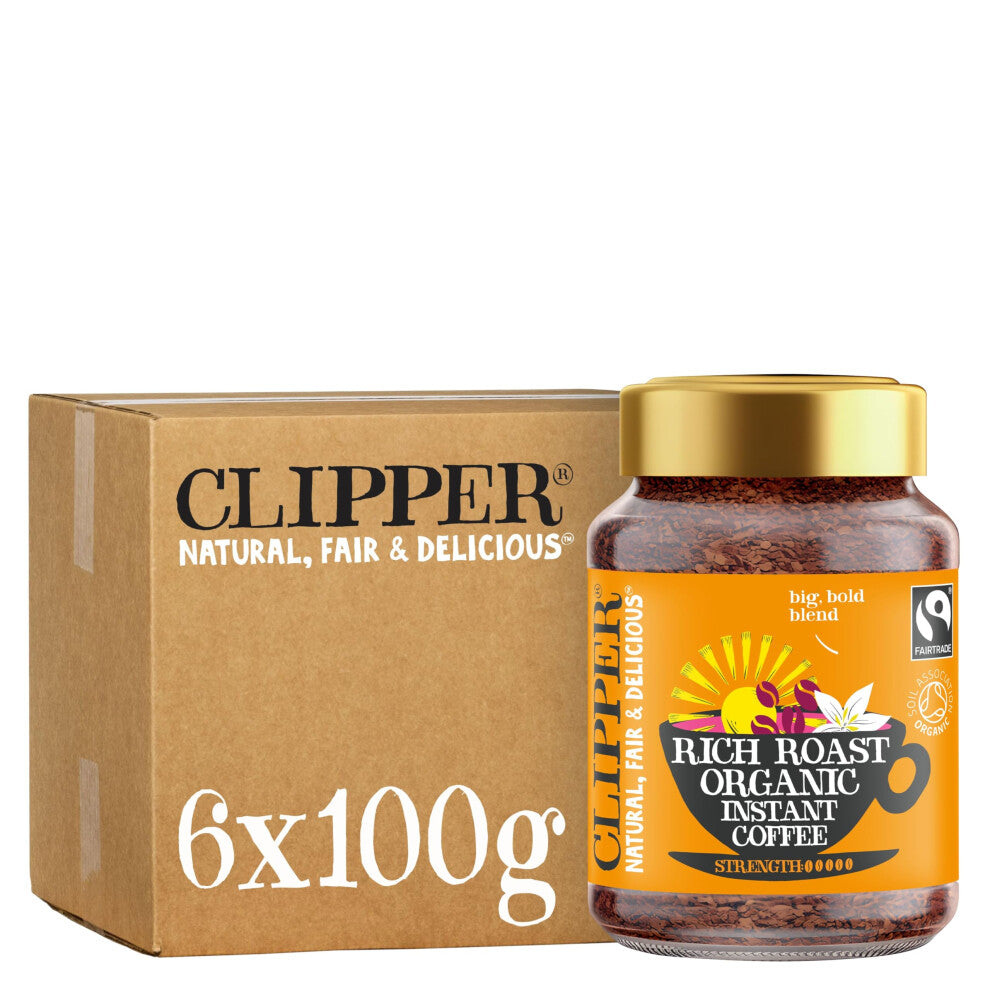 Clipper Rich Roast Organic Instant Coffee, 6 x 100g Jars, Fairtrade
