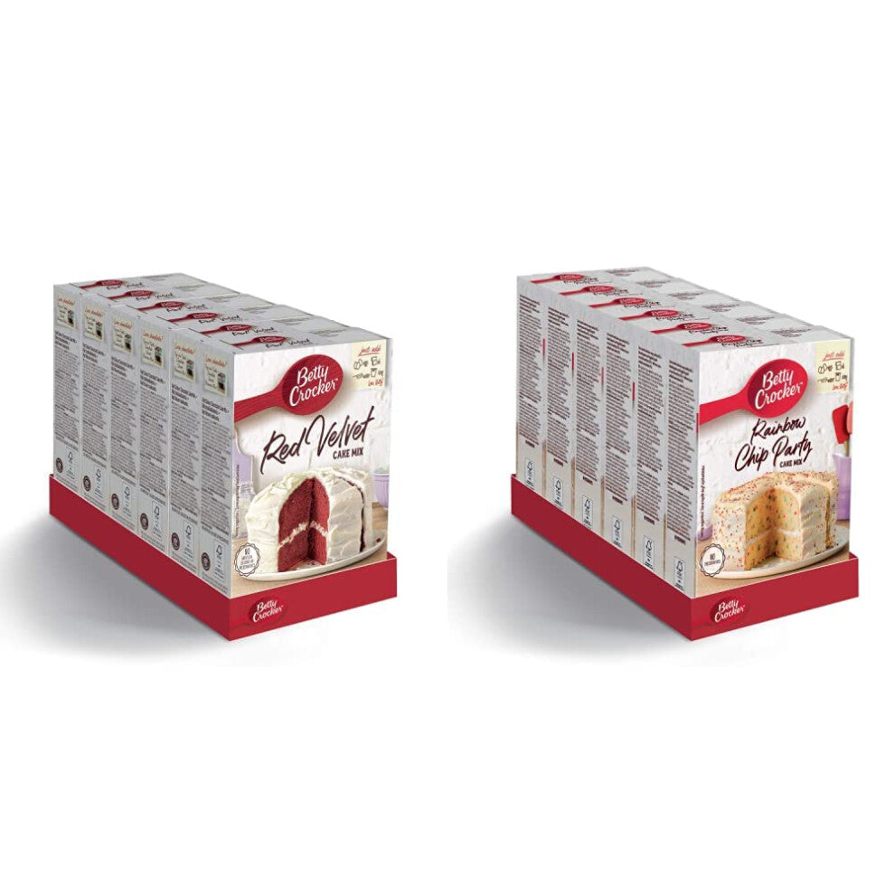 Betty Crocker Red Velvet Chocolate Cake Mix 425g (Pack of 6) & Rainbow Chip Party Cake Mix 425g (pack of 6)