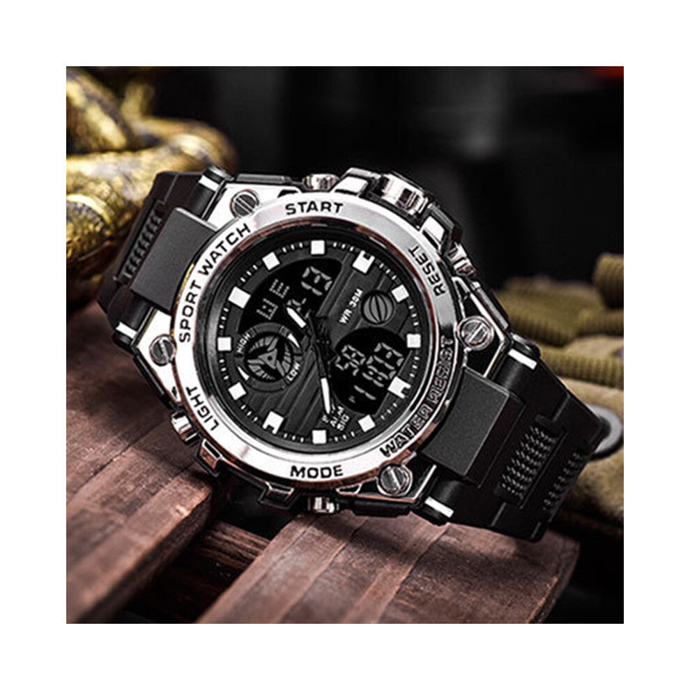 LED Electronic Sports Watch Waterproof Lightweight Dual Display Luminous Smartwatch for Boys Black Shell Silver Ring