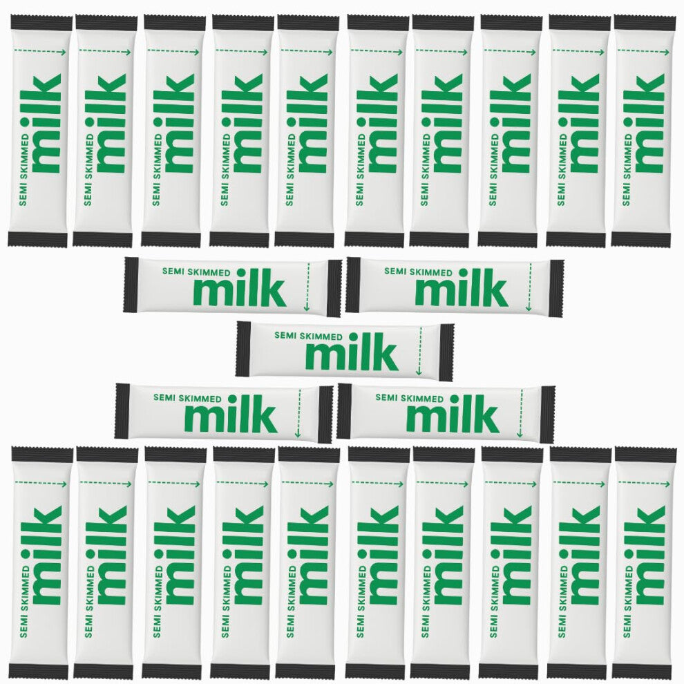 25 x Long Life Semi Skimmed UHT Milk Stick Sachets - 10ml Single Portions - No Fridge Needed - Ideal for Tea, Coffee, Travel, Offices, Hotels