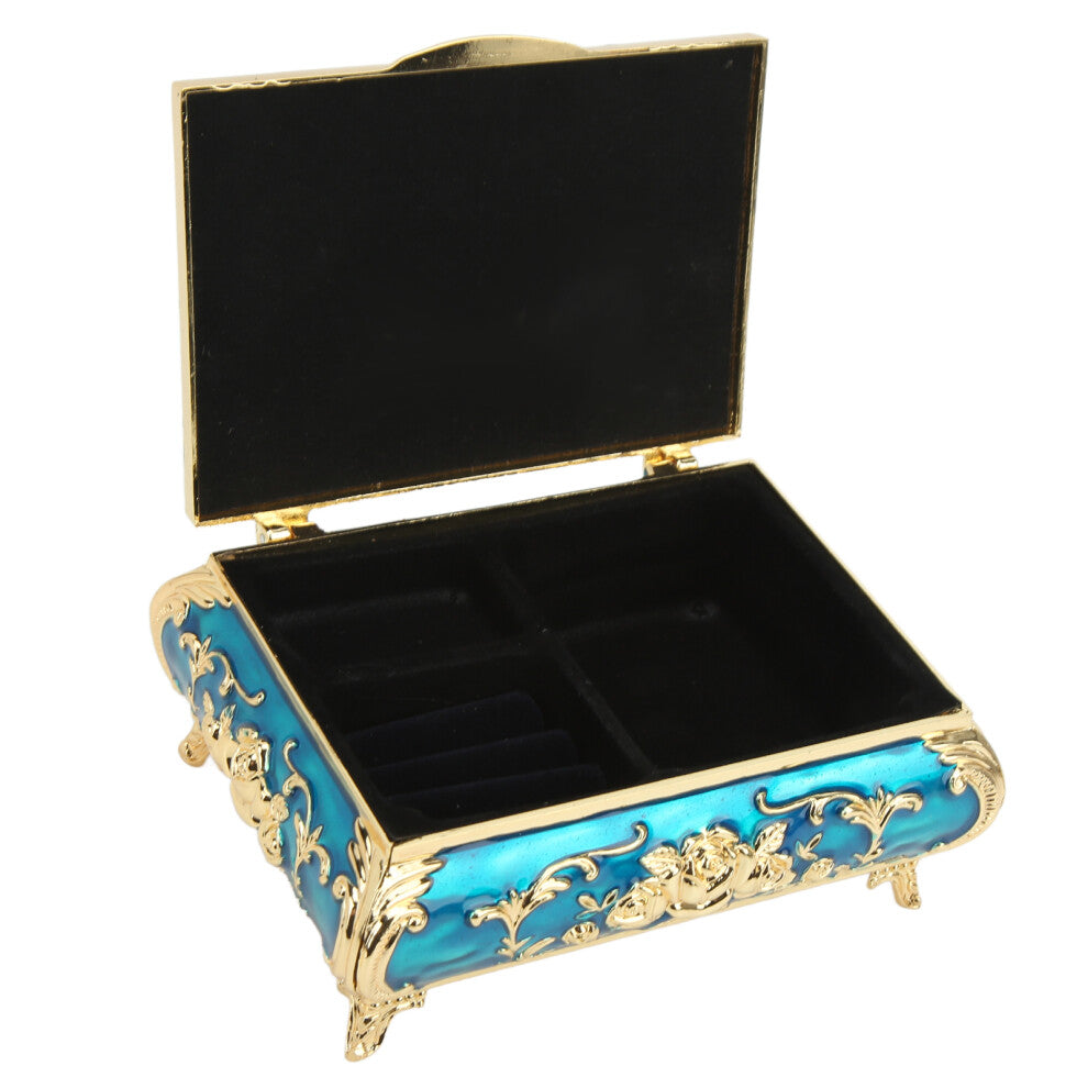 Vintage Jewelry Box Glossy Exquisite Rust Resistant Rose Relief Design Jewelry Storage Box DecorationGold Blue
