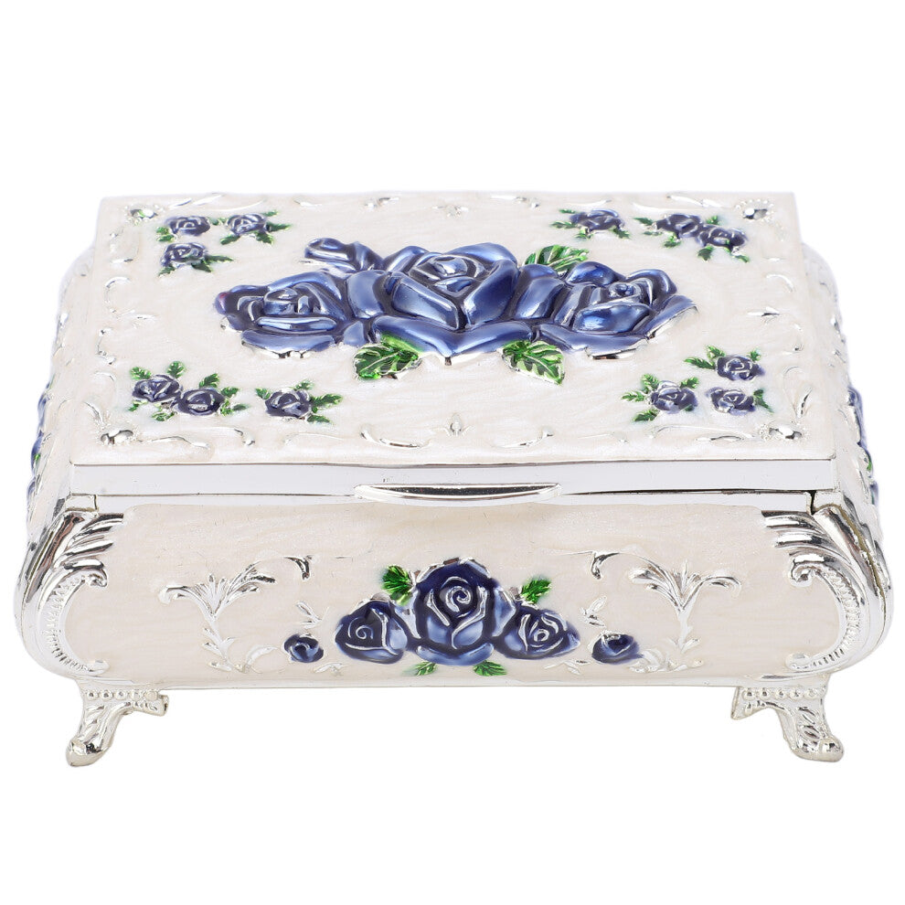 Vintage Jewelry Box Vintage Roses Embossed Design Zinc Alloy Soft Velvet Vibrant Colors Safe Glossy Small Jewelry BoxSilver White and Blue